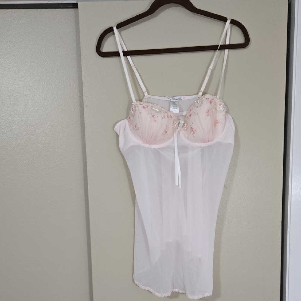 Linea Donatella Pink Embroidered Babydoll Chemise Size XL
